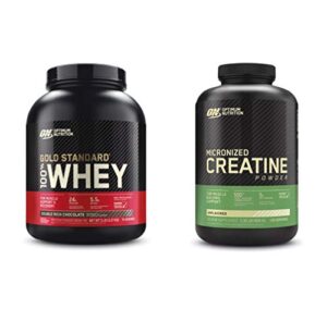 optimum nutrition 100% gold standard whey protein powder: double rich chocolate (5 pound) with micronized creatine monohydrate powder, unflavored (120 servings) – bundle pack