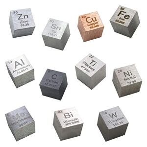 0.39" Element Cube - Set of 11 Metal Density Cubest Include Zinc Tin Copper Iron Aluminum Carbon Titanium Nickel Molybdenum Bismuth Tungsten for Labs and Collections