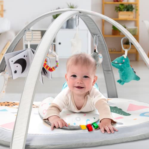 Lupantte 7 in 1 Baby Play Gym Mat, 2 Replaceable Washable Mat Covers Baby Activity Play Mat with 6 Toys, Visual, Hearing, Touch, Cognitive Development for Baby to Toddler, Thicker Non-Slip
