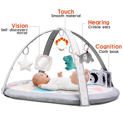 Lupantte 7 in 1 Baby Play Gym Mat, 2 Replaceable Washable Mat Covers Baby Activity Play Mat with 6 Toys, Visual, Hearing, Touch, Cognitive Development for Baby to Toddler, Thicker Non-Slip