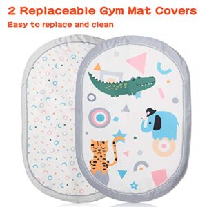 Lupantte 7 in 1 Baby Play Gym Mat, 2 Replaceable Washable Mat Covers Baby Activity Play Mat with 6 Toys, Visual, Hearing, Touch, Cognitive Development for Baby to Toddler, Thicker Non-Slip