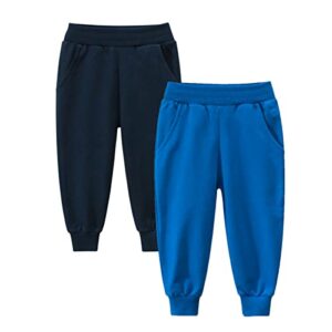 GFQLONG Toddler Baby Boys 2 Pack Cotton Active Jogger Pants,Kids Casual Athletic Sweatpants Solid Pocket Bottoms,Navy Blue+Blue 2-3T