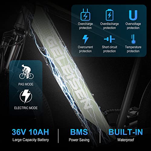 GELEISEN Electric Bike Adult, 26" 350W Ebike Electric Mountain Bike with 36V/10Ah Removable Battery, 5 Level Pedal Assist, LCD Display with USB, Shimano Rear 7 Speed Gears[Gifts for Men Women]