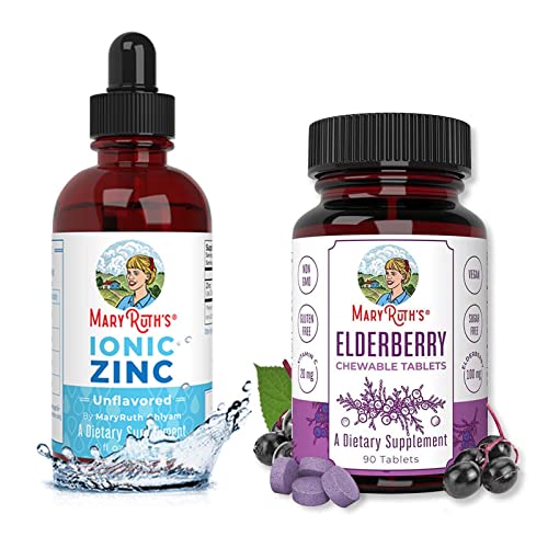 Liquid Ionic Zinc & Elderberry Tablets Immunity Bundle by MaryRuth's | Organic Glycerin + Zinc Sulfate, 4oz | Elderberry + Vitamin C Chewable Tablets, 90ct | Formulated for Kids & Adults