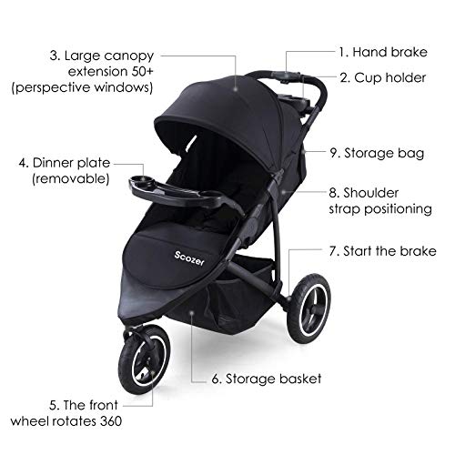 Scozer Stroller with Dining Plate and Cup Holder Big Storage Basket,Adjustable Awning, Variable Seat and Recliner Lightweight Baby Jogger Travel System,Black