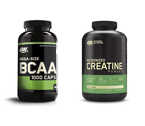 Optimum Nutrition Instantized BCAA Capsules, Keto Friendly Branched Chain Essential Amino Acids (400 Count) with Micronized Creatine Monohydrate Powder, Unflavored (120 Servings) - Bundle Pack