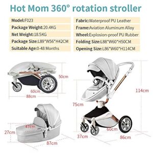 Hot Mom Baby Stroller 360 Degree Rotation Function, Pu Leather Baby Bassinet and Seat Combo Pushchai & Pram, Grey