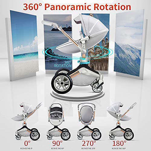 Hot Mom Baby Stroller 360 Degree Rotation Function, Pu Leather Baby Bassinet and Seat Combo Pushchai & Pram, Grey