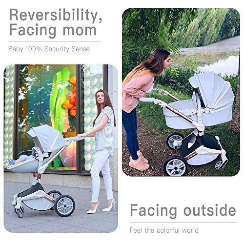 Hot Mom Baby Stroller 360 Degree Rotation Function, Pu Leather Baby Bassinet and Seat Combo Pushchai & Pram, Grey