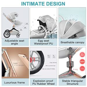 Hot Mom Baby Stroller 360 Degree Rotation Function, Pu Leather Baby Bassinet and Seat Combo Pushchai & Pram, Grey