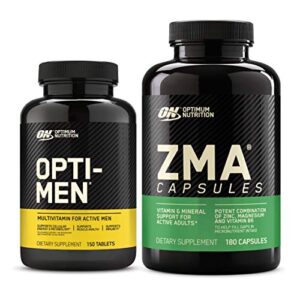 optimum nutrition opti-men, mens daily multivitamin supplement (150 count) with zma muscle recovery and endurance supplement for men and women, zinc and magnesium supplement (180 count) – bundle pack