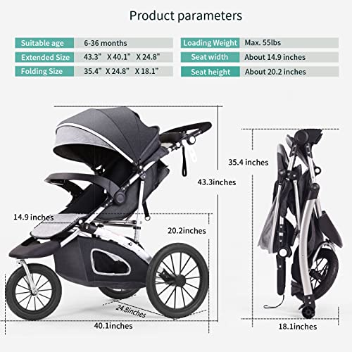 Baby Jogging Stroller for Toddler Kids Compact Single City Jogger Strollers All Terrain Jog 3 Wheels Pushchair Expedition with Parent Console (Grey)