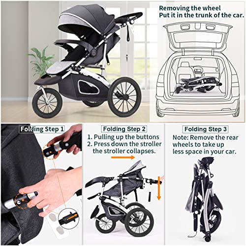 Baby Jogging Stroller for Toddler Kids Compact Single City Jogger Strollers All Terrain Jog 3 Wheels Pushchair Expedition with Parent Console (Grey)