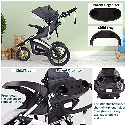 Baby Jogging Stroller for Toddler Kids Compact Single City Jogger Strollers All Terrain Jog 3 Wheels Pushchair Expedition with Parent Console (Grey)