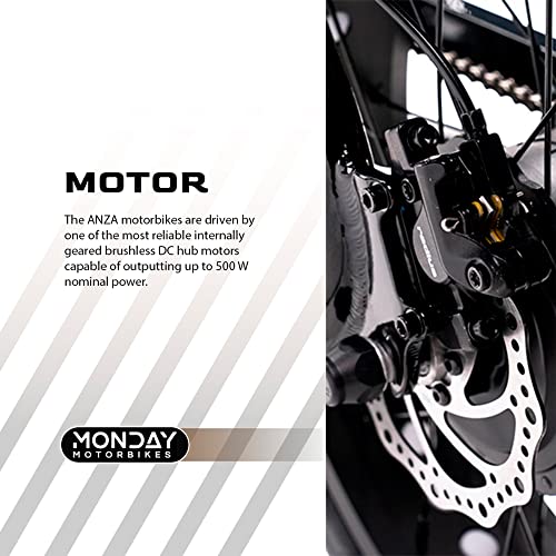 Monday Motorbikes Anza V2 Electric Bike (Midnight Black) - 500W Pedal-Assist Cafe Racer Motorbike - Ebike w/High-Visibility LCD Display - Electric Bike w/USB Plug - 48V x 14Ah Removable Battery