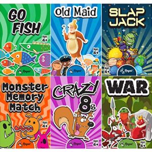 Regal Games - Kids Classic Card Games - Includes Old Maid, Go Fish, Slapjack, Crazy 8's, War, and Silly Monster Memory Match- for Family Game Nights, Parties - Set of 6 Games