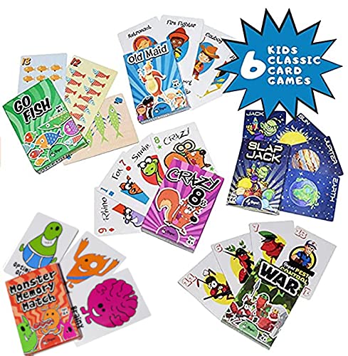 Regal Games - Kids Classic Card Games - Includes Old Maid, Go Fish, Slapjack, Crazy 8's, War, and Silly Monster Memory Match- for Family Game Nights, Parties - Set of 6 Games