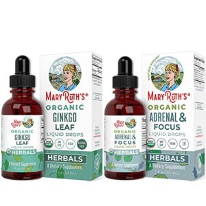 USDA Organic Ginkgo Leaf Drops & Adults Adrenal & Focus Support Drops Bundle by MaryRuth's | Traditional Herb Used for Circulatory System & Brain Health | Herbal Supplement for Brain & Memory Drops