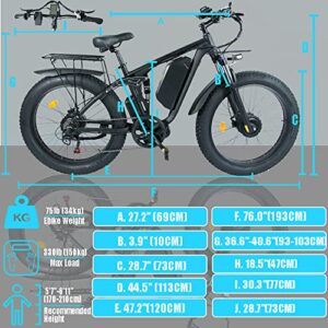 SMLRO Electric Bikes 2000w Ebikes for Adults Dual Motor Fat Tire Electric Mountain Bike 48V 22.4AH Removable Battery 26” Adult Electric Bicycles Hydraulic Disc Brakes (Black)