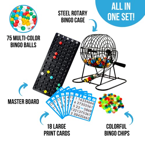 Regal Games - Deluxe Bingo Set - Includes Bingo Cage, Master Board, 18 Mixed Cards, 75 Calling Balls, Colorful Chips - Ideal for Large Groups, Parties