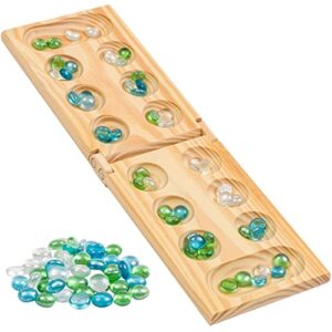 regal games – wooden mancala board game set – portable foldable wooden board, 48 glass mancala stones, and mancala instructions – for large groups, parties, travel, family events, adults, and kids
