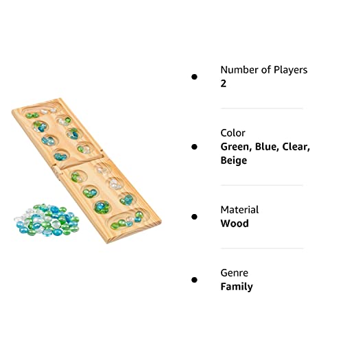 Regal Games - Wooden Mancala Board Game Set - Portable Foldable Wooden Board, 48 Glass Mancala Stones, and Mancala Instructions - for Large Groups, Parties, Travel, Family Events, Adults, and Kids