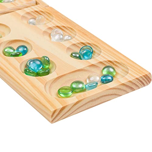 Regal Games - Wooden Mancala Board Game Set - Portable Foldable Wooden Board, 48 Glass Mancala Stones, and Mancala Instructions - for Large Groups, Parties, Travel, Family Events, Adults, and Kids