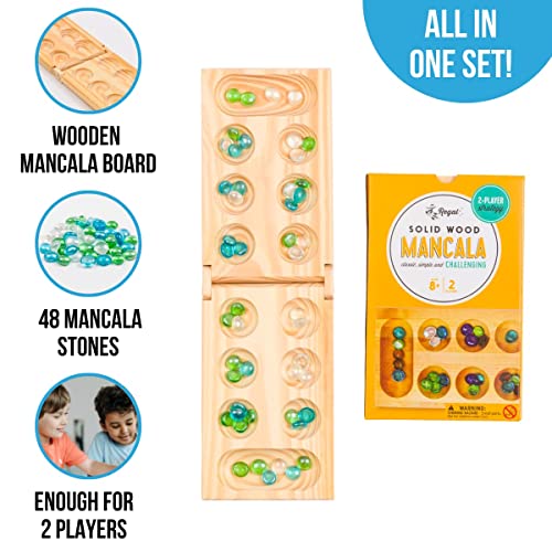 Regal Games - Wooden Mancala Board Game Set - Portable Foldable Wooden Board, 48 Glass Mancala Stones, and Mancala Instructions - for Large Groups, Parties, Travel, Family Events, Adults, and Kids