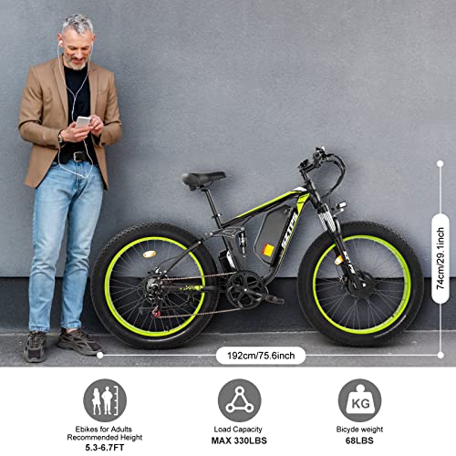 1500W Electric Bike for Adults, 26" Fat Tire Electric Mountain Bicycle, 48V 22.4Ah Removable Li-Ion Battery, Max 50Kph E-Bike Snow Beach,Electric Bicycle with Shimano 21 Speed Suspension Fork