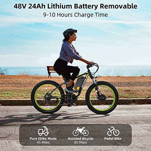 1500W Electric Bike for Adults, 26" Fat Tire Electric Mountain Bicycle, 48V 22.4Ah Removable Li-Ion Battery, Max 50Kph E-Bike Snow Beach,Electric Bicycle with Shimano 21 Speed Suspension Fork