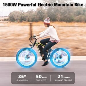 1500W Electric Bike for Adults, 26" Fat Tire Electric Mountain Bicycle, 48V 22.4Ah Removable Li-Ion Battery, Max 50Kph E-Bike Snow Beach,Electric Bicycle with Shimano 21 Speed Suspension Fork