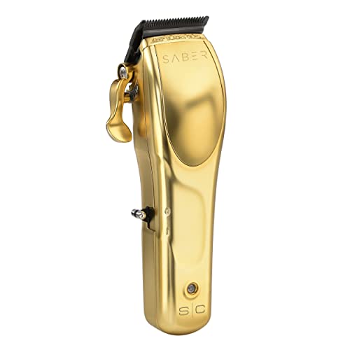 Stylecraft Digital Brushless Motor Saber Professional Metal Body Cordless Hair Clipper, Modular, Double Black Diamond Carbon Blades, 8 Guards, Gold