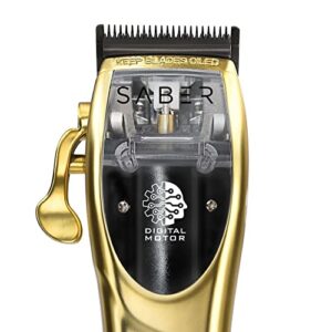 Stylecraft Digital Brushless Motor Saber Professional Metal Body Cordless Hair Clipper, Modular, Double Black Diamond Carbon Blades, 8 Guards, Gold