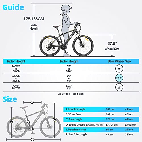 HOTEBIKE 350W Electric Bike for Adults with 36V 10AH Removable Hidden Battery, Electric Mountain Bike 27.5" Ebike for Men Women, Electric Bicycle with Shimano 21 Speed Gears