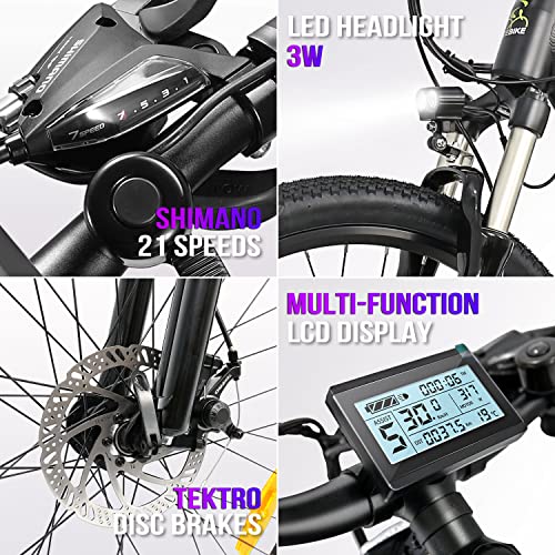 HOTEBIKE 350W Electric Bike for Adults with 36V 10AH Removable Hidden Battery, Electric Mountain Bike 27.5" Ebike for Men Women, Electric Bicycle with Shimano 21 Speed Gears