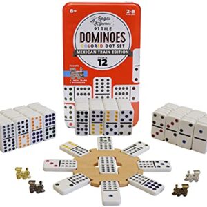 Regal Games - Premium Double 12 Mexican Train Dominoes in Collector’s Tin - Colored Dot Dominoes Game Set, Family-Friendly - 91 Tiles, 4 Metal Trains, Wooden Hub - 2-8 Players Ages 8+