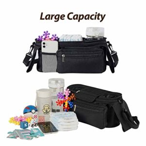 Stroller Organizer with Cup Holder, Universal Large Capacity Portable Black Accessories Caddy Bag, Fits for Doona Baby Jogger Trend Nuna Uppababy Vista V2 Graco Bob and All Other Strollers