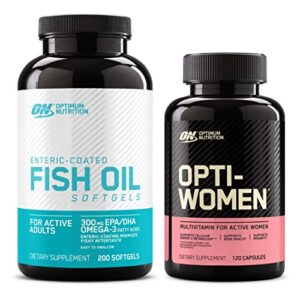 optimum nutrition omega 3 fish oil, 300mg, brain support supplement (200 softgels) with opti-women, womens daily multivitamin supplement (120 count) – bundle pack