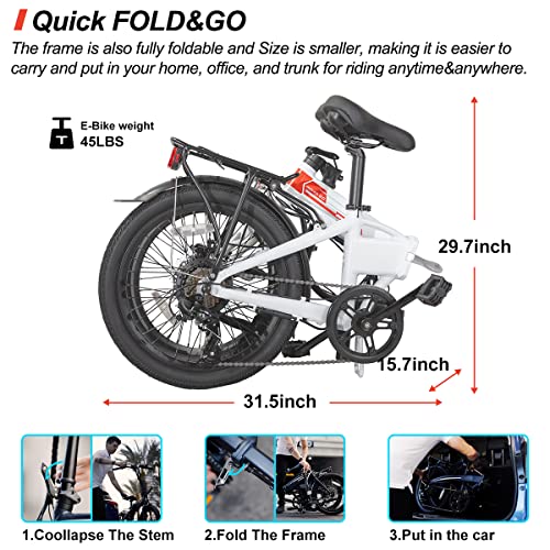 Hiland ROCKSHARK 20 inch Folding Electric Bike for Adults Teens with 250W Motor 20Max MPH, 36V 7.8AH Removable Battery&Shimano 7-Speed Electric Bicycles,Urban Ebike for Men Women White