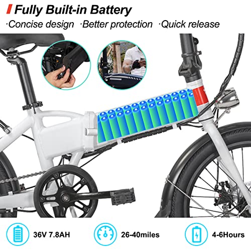 Hiland ROCKSHARK 20 inch Folding Electric Bike for Adults Teens with 250W Motor 20Max MPH, 36V 7.8AH Removable Battery&Shimano 7-Speed Electric Bicycles,Urban Ebike for Men Women White