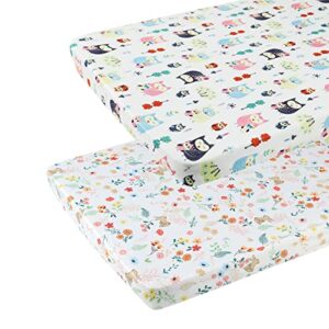 pack n play fitted sheets for baby girl 2 pack set soft jersey knit sheets for mini crib mattress and playard mattress, rabbit floral and owl printing