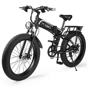 tt-ebike folding electric bikes adults 48v 1000w with 15ah removable battery, full suspension 26 x 4 fat tire e bikes with shimano 7-speed gear for snow beach mountain (1000w)