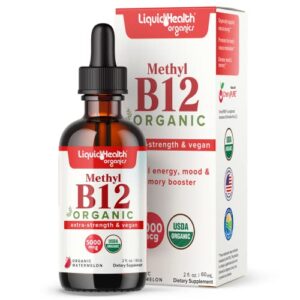 liquidhealth methyl vitamin b12 organic liquid pure drops, methylcobalamin energy boost, focus improve memory, natural metabolism vegan safe sublingual hydroxocobalamin, 2 fl oz