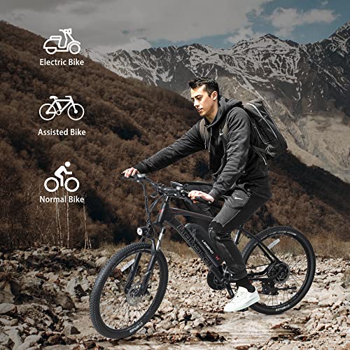 Merax 26” Electric Bike for Adults, 21-Speed Gears Electric Mountain Bike with 350W Motor and 36V 10.4Ah Removable Battery, E-Bikes with Suspension Fork for Daily Commuting and Mountain Biking.