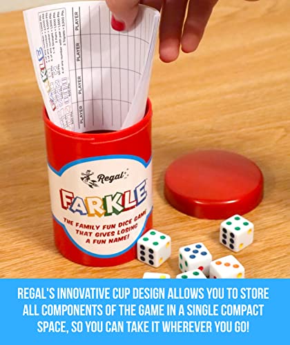 Regal Games - Farkle Dice Game - Fun Family-Friendly Dice Game - Includes Storage Cup with Lid, Six Dice, 25 Scorecards - Ideal for 2-4 Players Ages 12+