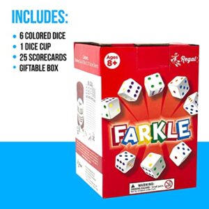 Regal Games - Farkle Dice Game - Fun Family-Friendly Dice Game - Includes Storage Cup with Lid, Six Dice, 25 Scorecards - Ideal for 2-4 Players Ages 12+