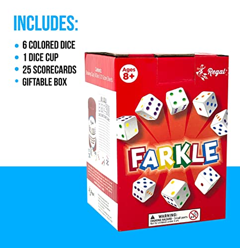 Regal Games - Farkle Dice Game - Fun Family-Friendly Dice Game - Includes Storage Cup with Lid, Six Dice, 25 Scorecards - Ideal for 2-4 Players Ages 12+