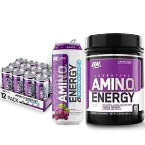 optimum nutrition amino energy powder: concord grape (65 servings) with essential amino energy plus electrolyes sparkling drink: grape (12 cans) – bundle pack