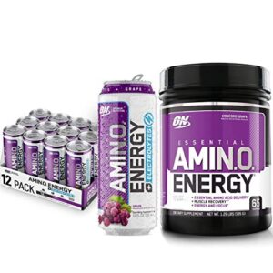 Optimum Nutrition Amino Energy Powder: Concord Grape (65 Servings) with Essential Amino Energy Plus Electrolyes Sparkling Drink: Grape (12 Cans) - Bundle Pack