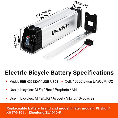 Yose Power 36V13Ah Ebike Battery, XH370-10J Silver Fish Lithium-ion Pedelec Battery with Charge for 250W/350W/500W Electric Bike Bicycles Folding Bike Mountain Bike Motor (US Warehouse) …